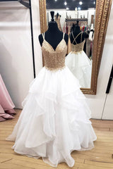 Prom Dress Ivory V Neck Tulle Lace Long Evening Dress