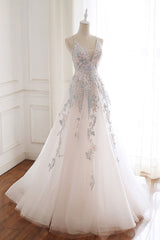 Prom Dress Ivory V Neck Tulle Lace Long Evening Gown Evening Dress