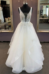 Prom Dress Ivory V Neck Tulle Lace Long Evening Gown Evening Dress