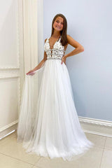 Prom Dress Ivory V Neck Tulle Lace Long Formal Gown Evening Dress