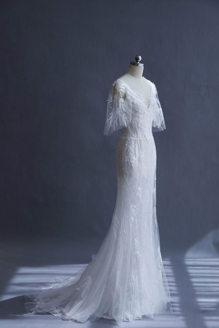 Prom Dress Ivory V Neck Tulle Long Mermaid Evening Gown Evening Dress