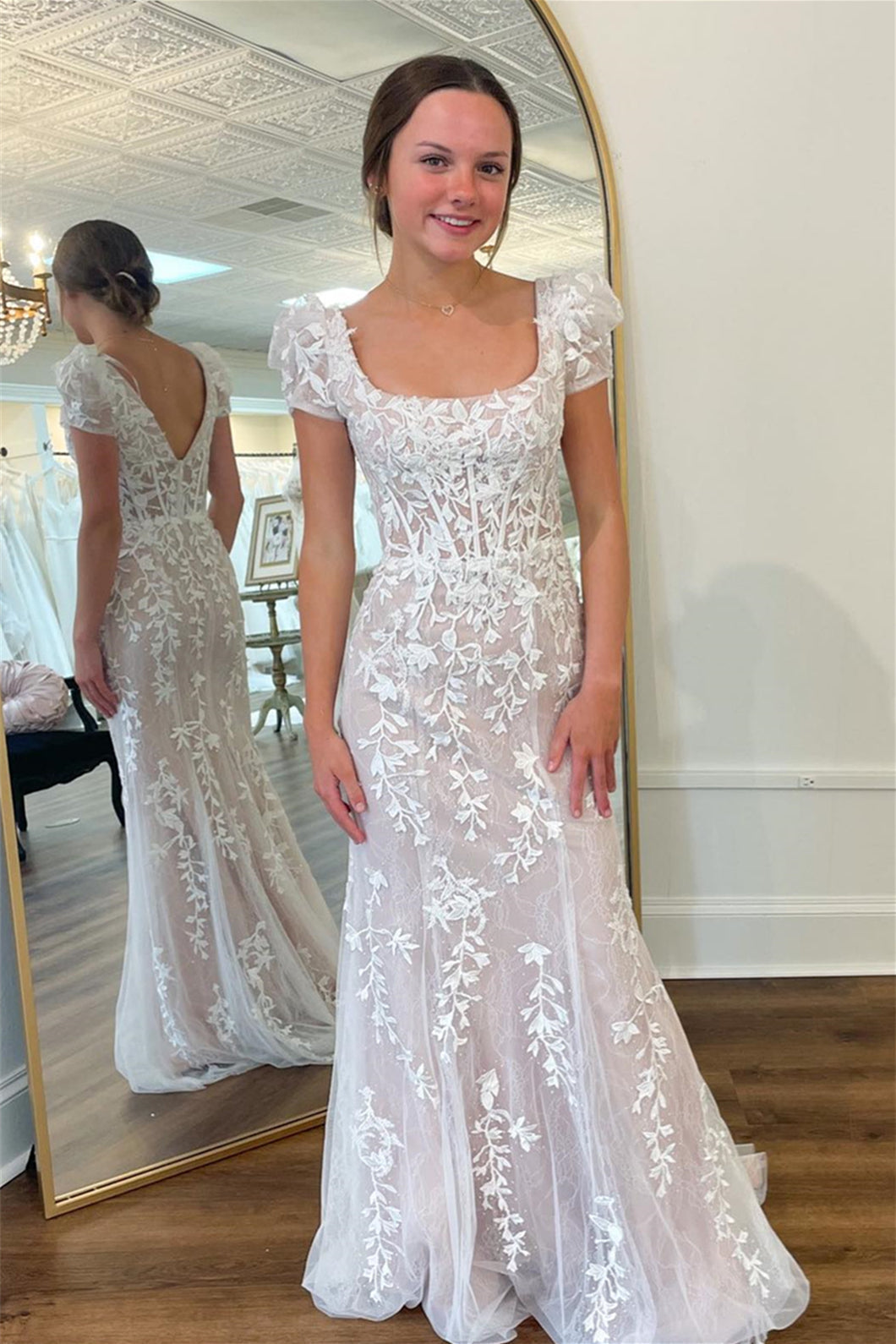 Prom Dress Theresa Ivory Delicate Appliques Square Neck Puff SleevLong Evening Dress