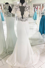 Prom Dress Unique Ivory Satin Lace Appliques e Long Evening Dress