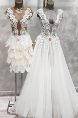 Prom Dress Unique V Neck Lace Tulle Ivory Evening Dress