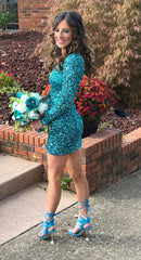Prunella Homecoming Dress Pretty Bodycon Long Sleeve Sequin Short Party Cocktail Dress