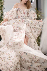 Puff Sleeves Prom Dress Satin Long Evening Dress