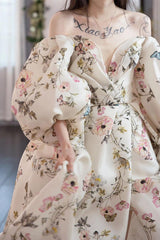 Puff Sleeves Prom Dress Satin Long Evening Dress
