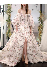Puff Sleeves Prom Dress Satin Long Evening Dress