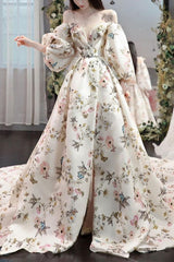 Puff Sleeves Prom Dress Satin Long Evening Dress