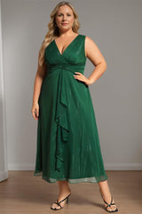 Pure Color Tea-Length Mother of the Bride Dress with V-Neck and A-Line Silhouette