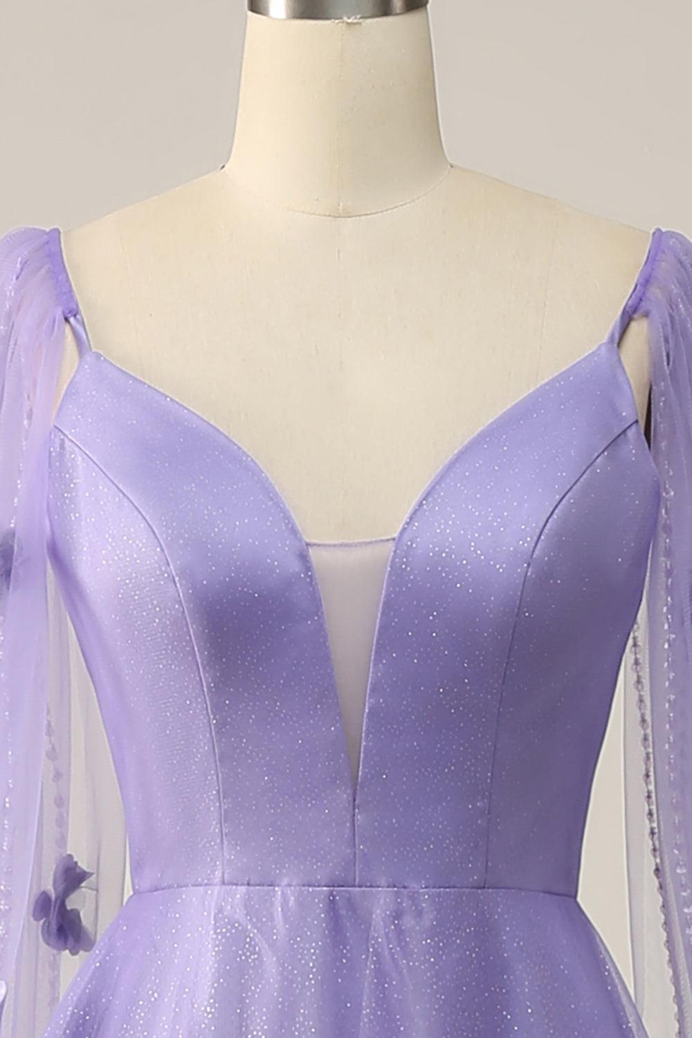 Purple A Line Long Prom Dress with 3D Flowers