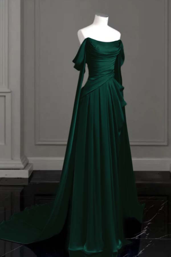 Purple A Line Prom Dress Cap Sleeve Off the Shoulder Satin Formal Dress