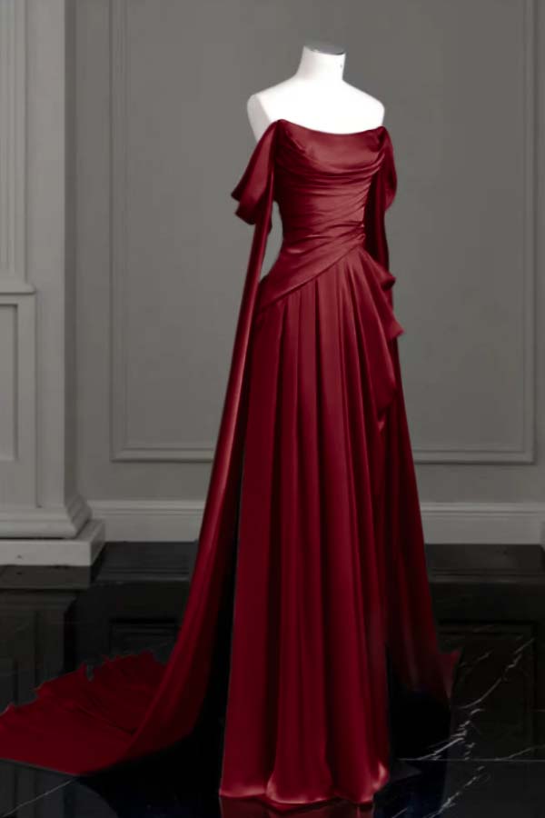 Purple A Line Prom Dress Cap Sleeve Off the Shoulder Satin Formal Dress