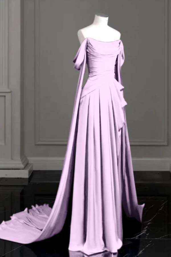 Purple A Line Prom Dress Cap Sleeve Off the Shoulder Satin Formal Dress