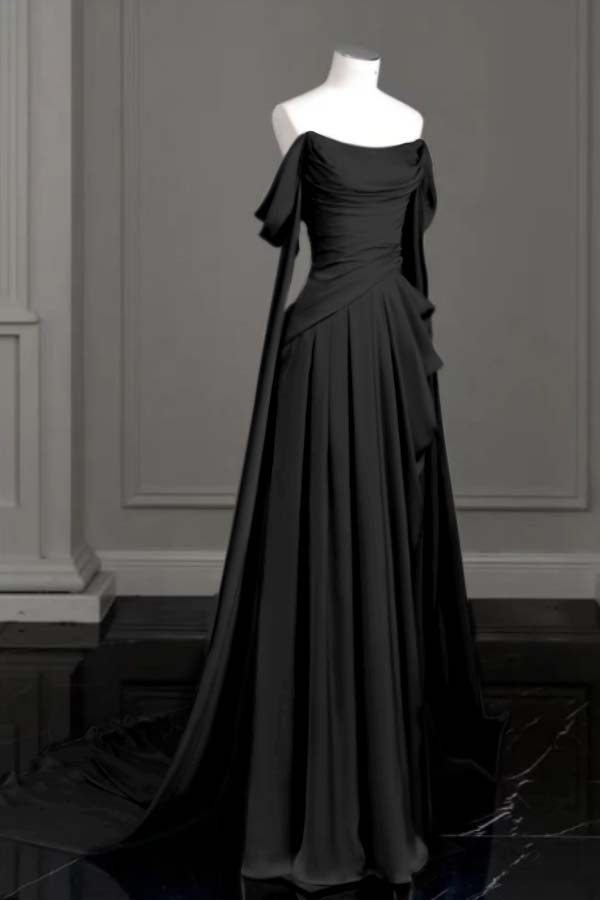 Purple A Line Prom Dress Cap Sleeve Off the Shoulder Satin Formal Dress