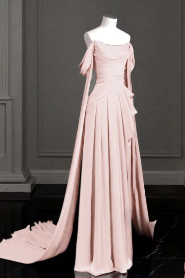 Purple A Line Prom Dress Cap Sleeve Off the Shoulder Satin Formal Dress
