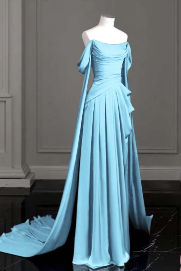 Purple A Line Prom Dress Cap Sleeve Off the Shoulder Satin Formal Dress