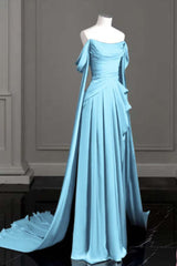 Purple A Line Prom Dress Cap Sleeve Off the Shoulder Satin Formal Dress