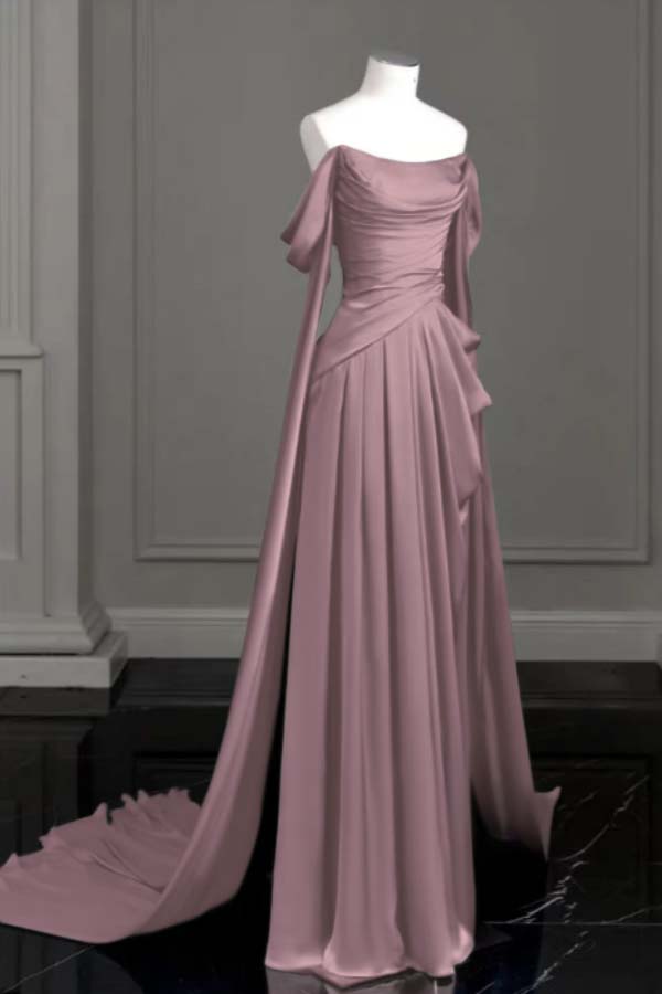 Purple A Line Prom Dress Cap Sleeve Off the Shoulder Satin Formal Dress