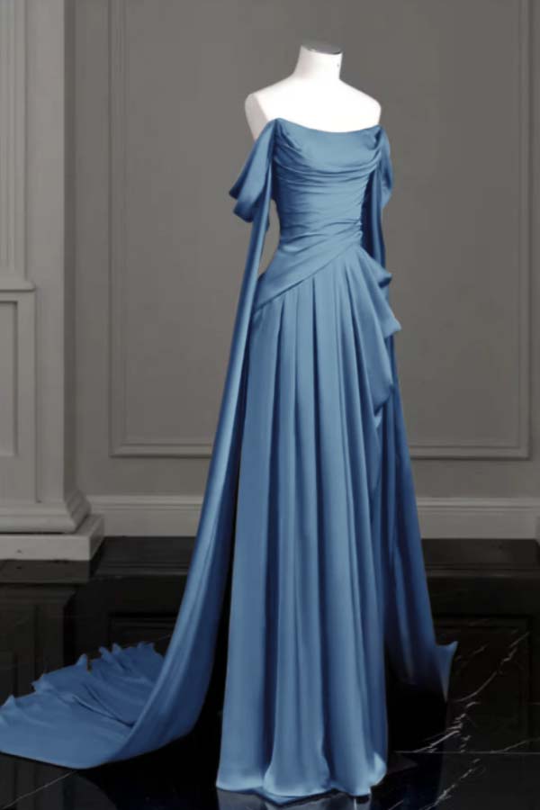 Purple A Line Prom Dress Cap Sleeve Off the Shoulder Satin Formal Dress