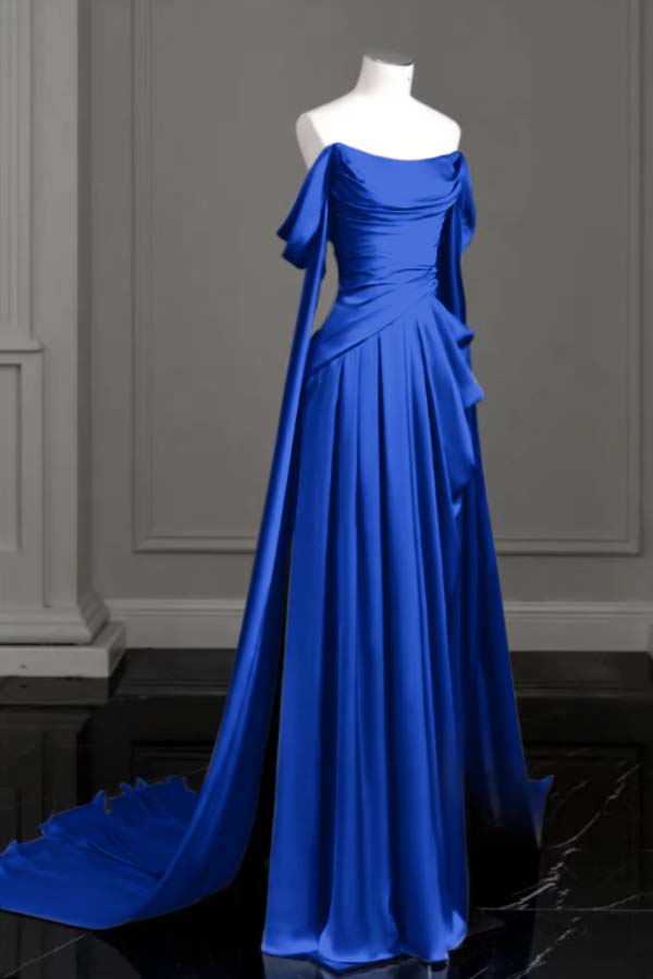 Purple A Line Prom Dress Cap Sleeve Off the Shoulder Satin Formal Dress