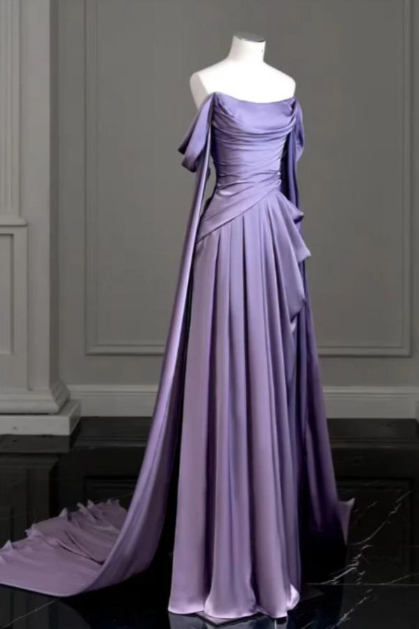 Purple A Line Prom Dress Cap Sleeve Off the Shoulder Satin Formal Dress