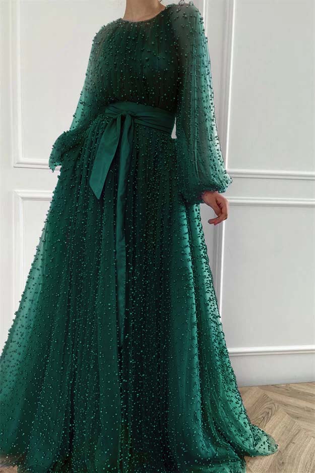 Purple A Line Prom Dress Long Sleeve Crew Neck Formal Dress With Beadings and Rhinestones