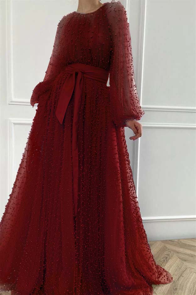 Purple A Line Prom Dress Long Sleeve Crew Neck Formal Dress With Beadings and Rhinestones