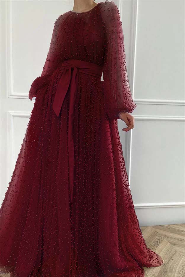 Purple A Line Prom Dress Long Sleeve Crew Neck Formal Dress With Beadings and Rhinestones