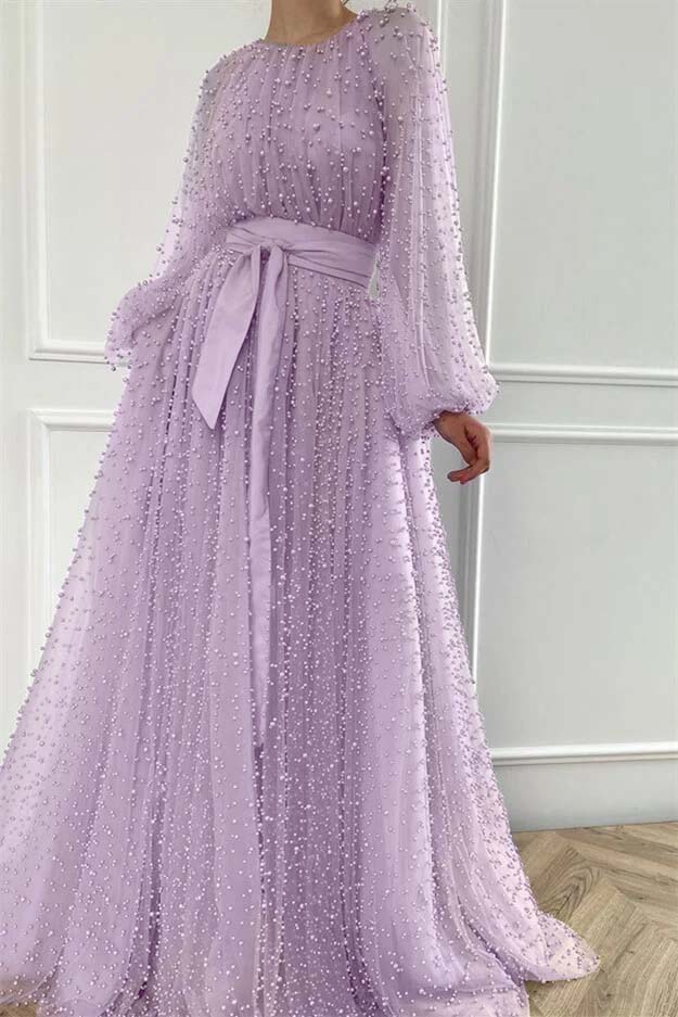Purple A Line Prom Dress Long Sleeve Crew Neck Formal Dress With Beadings and Rhinestones