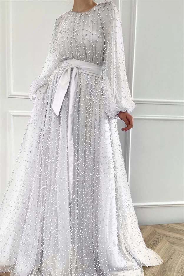 Purple A Line Prom Dress Long Sleeve Crew Neck Formal Dress With Beadings and Rhinestones