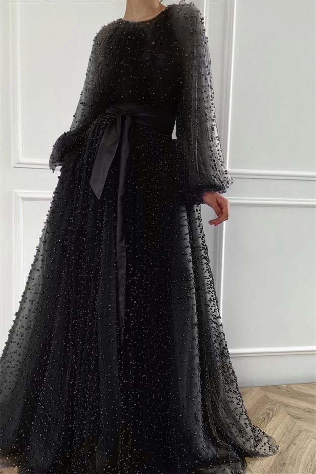 Purple A Line Prom Dress Long Sleeve Crew Neck Formal Dress With Beadings and Rhinestones