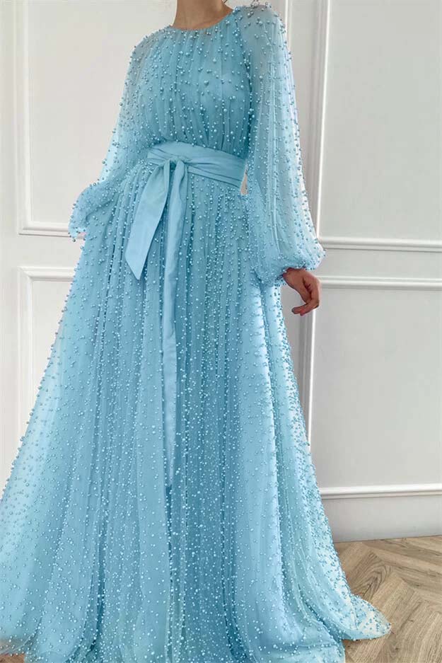 Purple A Line Prom Dress Long Sleeve Crew Neck Formal Dress With Beadings and Rhinestones