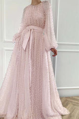 Purple A Line Prom Dress Long Sleeve Crew Neck Formal Dress With Beadings and Rhinestones