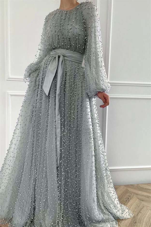 Purple A Line Prom Dress Long Sleeve Crew Neck Formal Dress With Beadings and Rhinestones