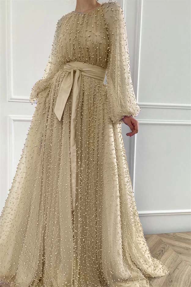 Purple A Line Prom Dress Long Sleeve Crew Neck Formal Dress With Beadings and Rhinestones