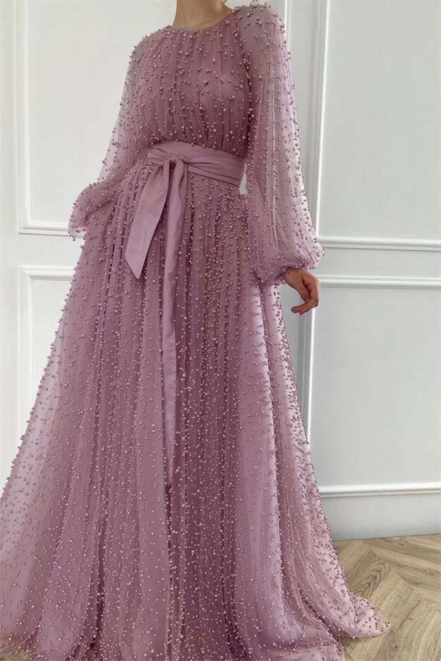 Purple A Line Prom Dress Long Sleeve Crew Neck Formal Dress With Beadings and Rhinestones