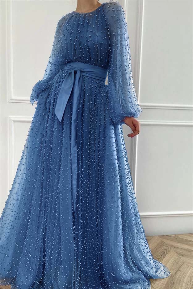 Purple A Line Prom Dress Long Sleeve Crew Neck Formal Dress With Beadings and Rhinestones