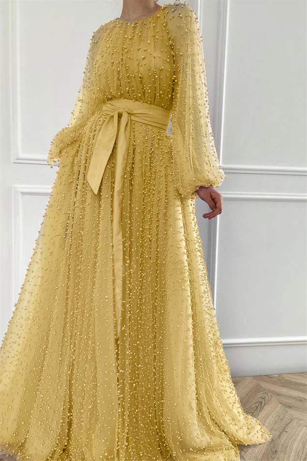 Purple A Line Prom Dress Long Sleeve Crew Neck Formal Dress With Beadings and Rhinestones
