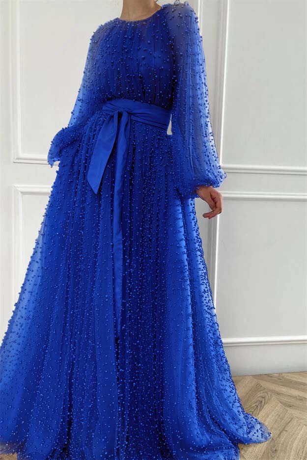Purple A Line Prom Dress Long Sleeve Crew Neck Formal Dress With Beadings and Rhinestones