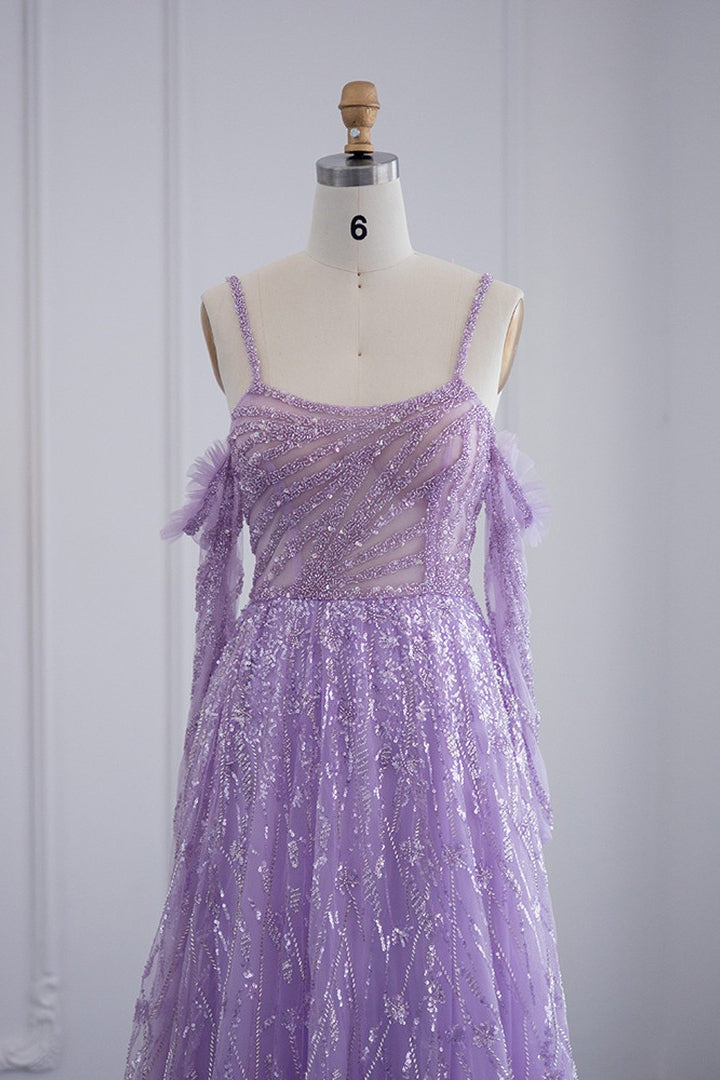 Purple A Line Prom Dress Long Sleeve Spaghetti Straps Formal Dress With Sequins