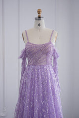 Purple A Line Prom Dress Long Sleeve Spaghetti Straps Formal Dress With Sequins