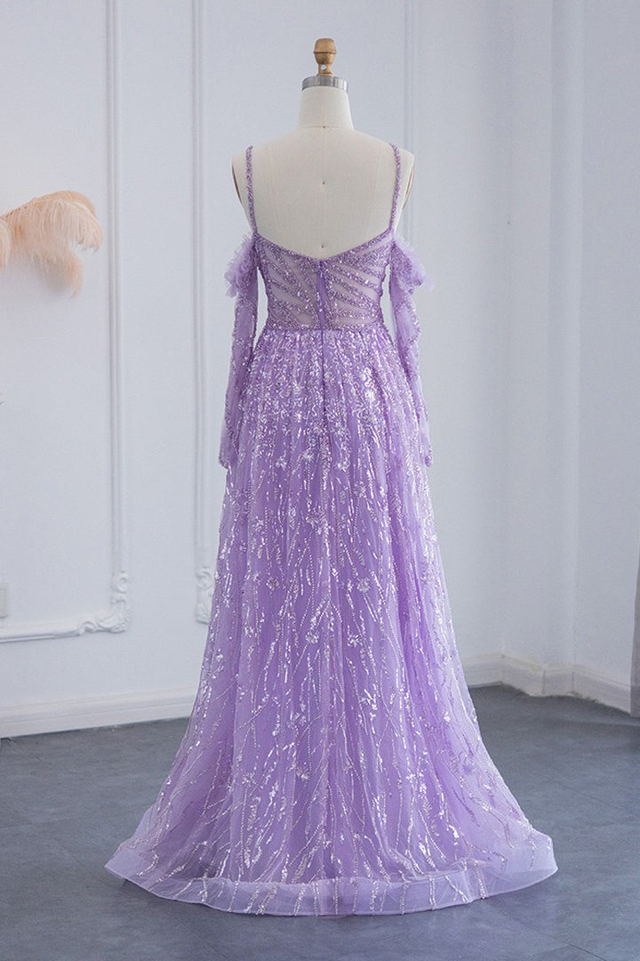 Purple A Line Prom Dress Long Sleeve Spaghetti Straps Formal Dress With Sequins