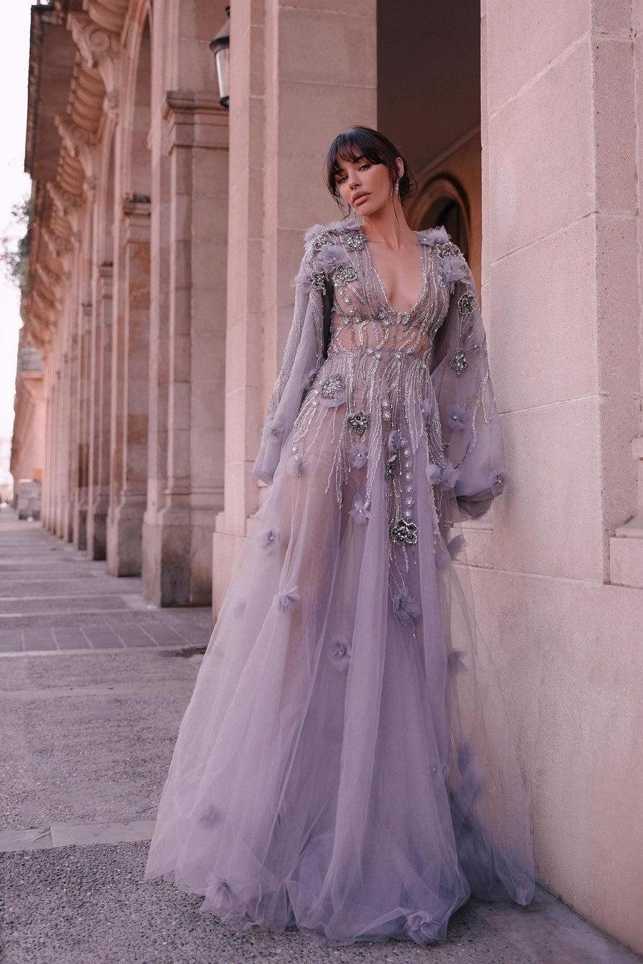 Purple A Line Prom Dress Long Sleeve V Neck Formal Dress With 3D Flowers