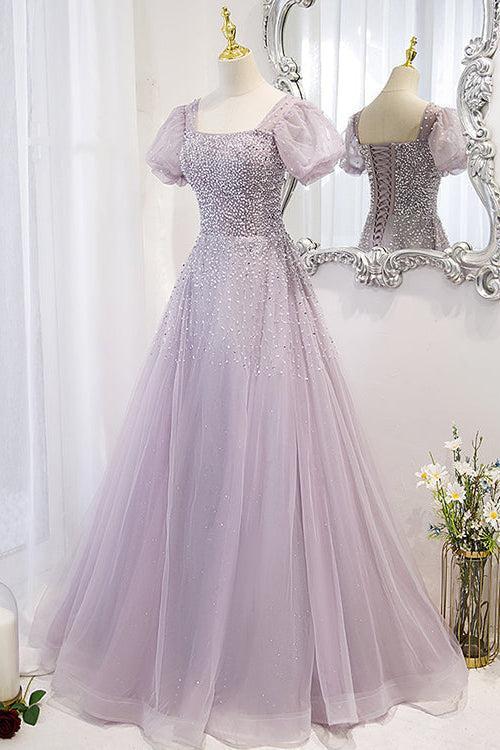 Purple A Line Prom Dress Short Sleeve Square Neck Formal Dress With Beadings and Rhinestones