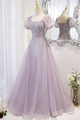 Purple A Line Prom Dress Short Sleeve Square Neck Formal Dress With Beadings and Rhinestones
