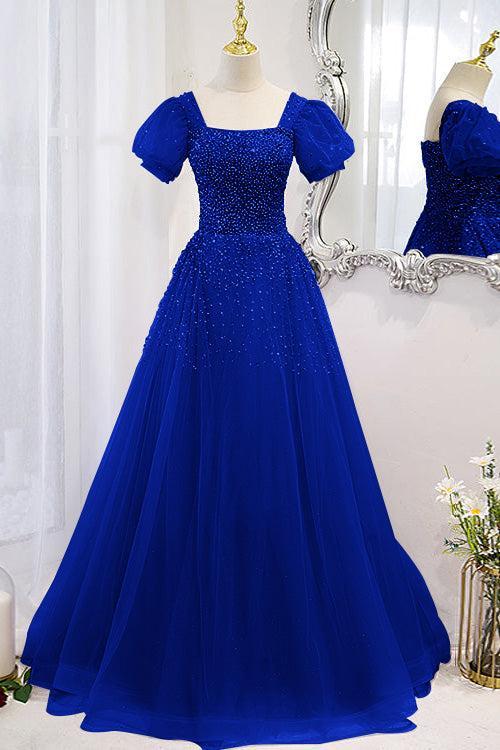 Purple A Line Prom Dress Short Sleeve Square Neck Formal Dress With Beadings and Rhinestones