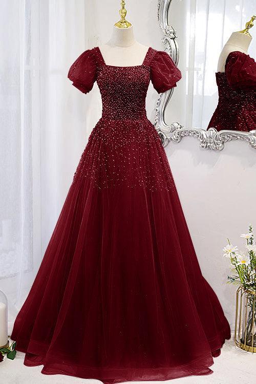 Purple A Line Prom Dress Short Sleeve Square Neck Formal Dress With Beadings and Rhinestones