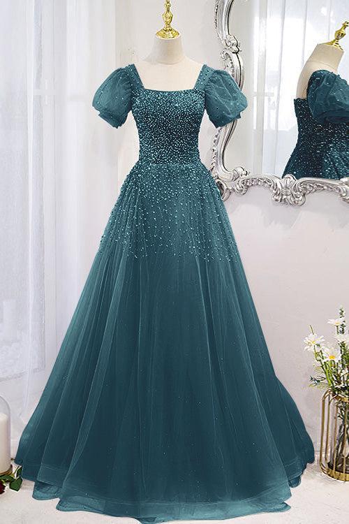 Purple A Line Prom Dress Short Sleeve Square Neck Formal Dress With Beadings and Rhinestones