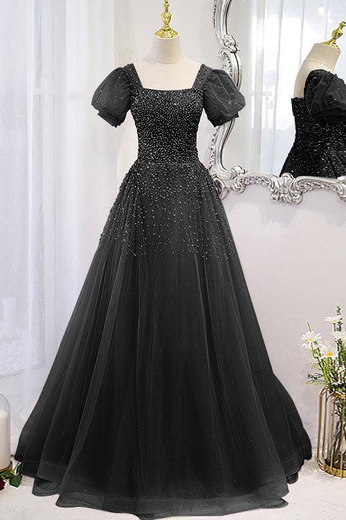 Purple A Line Prom Dress Short Sleeve Square Neck Formal Dress With Beadings and Rhinestones